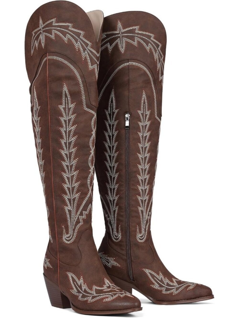 Women's Brown High Thigh Embroidered Western Pointed Toe Chunky High Heel Boots